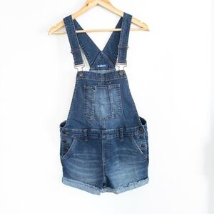 Blue Spice Dark Wash Raw Hem Denim Overall Shorts Jean Shortalls Women 10 Jr 11
